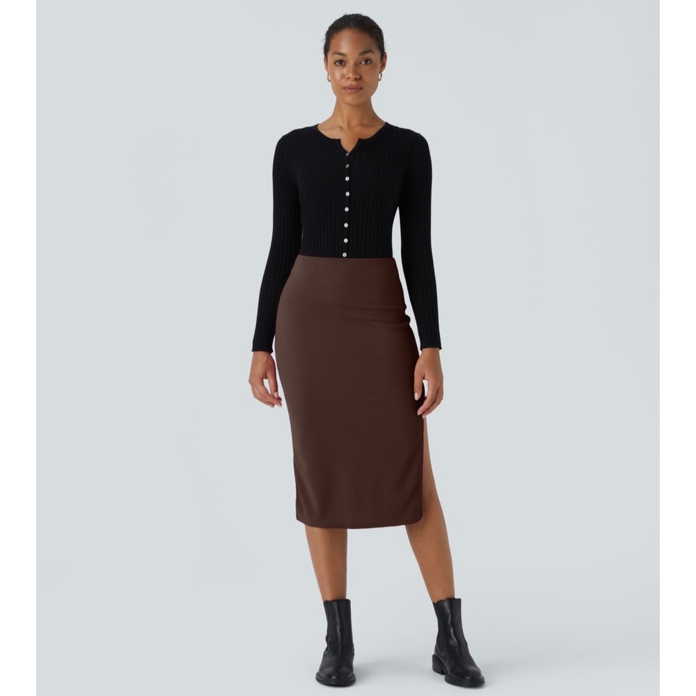 Halara Ribbed High Waisted Bodycon Midi Skirt Brown Side Slit Large NEW
